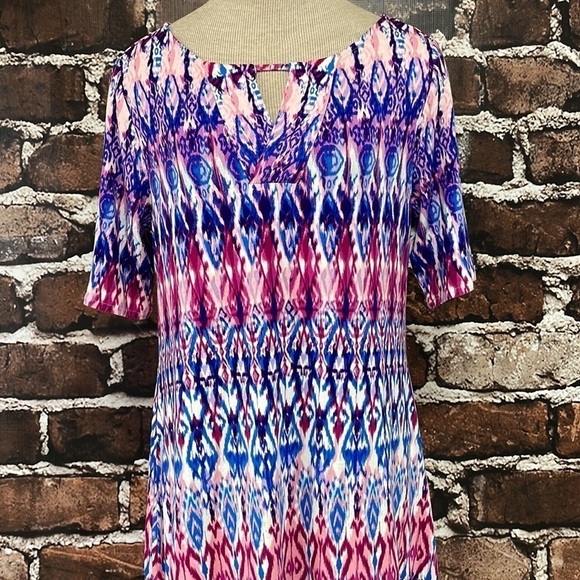 Chico's Dress Purple Pink Ikat Print Short Sleeves Stretchy Size Small 4P - Picture 3 of 12